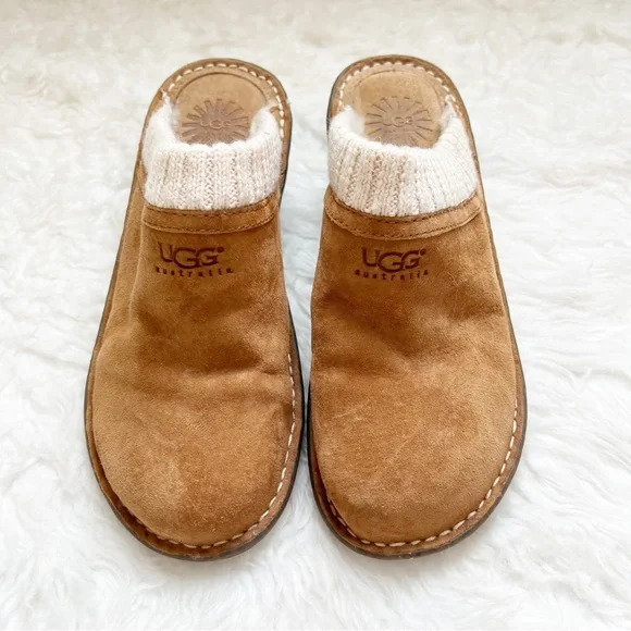 UGG Gael brown suede clog w knit cuff size 7 wedge heel - Picture 8 of 9